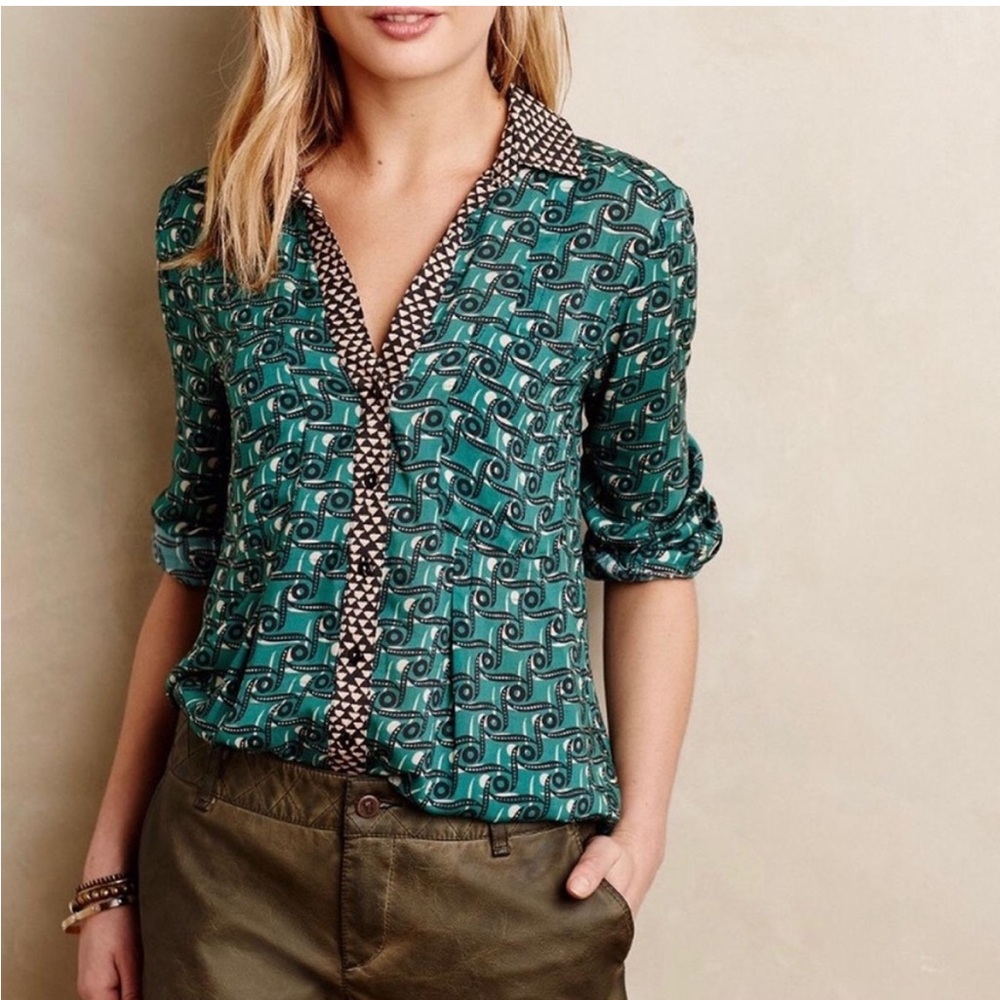 Maeve Casia Teal and Black Geometric Button Down Shirt